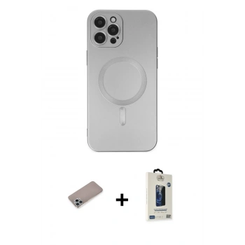 MARSİLYAN™- iPhone 12 Pro Max Kılıf Akış Minimal Özel Seri - Siyah Bilvis Hayalet Cam Ekran Koruyucu + Shine Kamera Lens Koruma Cam - SABE