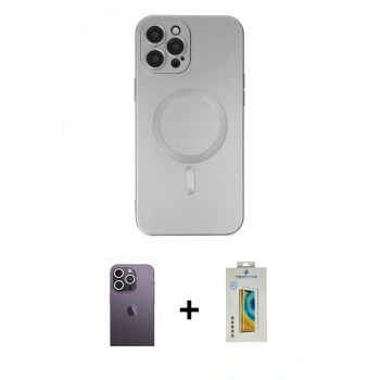 MARSİLYAN™- iPhone 12 Pro Max Kılıf Akış Minimal Özel Seri - Siyah Polymer Nano Ekran Koruyucu + Neon Fosforlu Kamera Lens - BZ