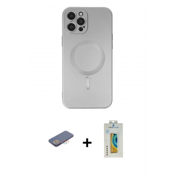 MARSİLYAN™- iPhone 12 Pro Max Kılıf Akış Minimal Özel Seri - Siyah Polymer Nano Ekran Koruyucu + Renkli Kamera Lens Koruma Cam - PE