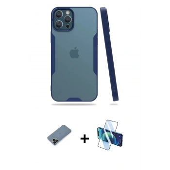 MARSİLYAN™- iPhone 12 Pro Max Kılıf Atlas Asil Serisi - Siyah 3D Antistatik Cam Ekran Koruyucu + Shine Kamera Lens Koruma Cam - SH