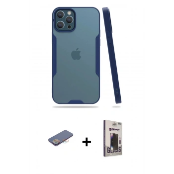 MARSİLYAN™- iPhone 12 Pro Max Kılıf Atlas Asil Serisi - Siyah Bilvis Hayalet Cam Ekran Koruyucu + Renkli Kamera Lens Koruma Cam - PE