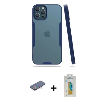 MARSİLYAN™- iPhone 12 Pro Max Kılıf Atlas Asil Serisi - Siyah Polymer Nano Ekran Koruyucu + Renkli Kamera Lens Koruma Cam - MI
