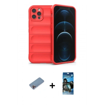 MARSİLYAN™- iPhone 12 Pro Max Kılıf Atlas Koleksiyonu - Siyah 34D Izgaralı Cam + Shine Kamera Lens Koruma Cam - PE
