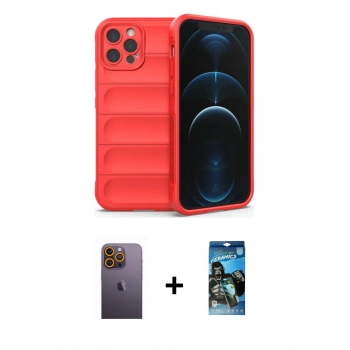 MARSİLYAN™- iPhone 12 Pro Max Kılıf Atlas Koleksiyonu - Siyah 34D Izgaralı Cam + Neon Fosforlu Kamera Lens - SI