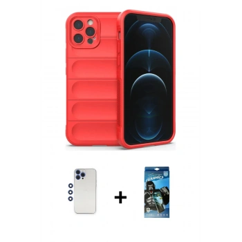 MARSİLYAN™- iPhone 12 Pro Max Kılıf Atlas Koleksiyonu - Siyah 34D Izgaralı Cam + Shine Kamera Lens - LT