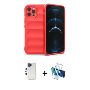 MARSİLYAN™- iPhone 12 Pro Max Kılıf Atlas Koleksiyonu - Siyah 3D Antistatik Cam Ekran Koruyucu + Shine Kamera Lens - LT