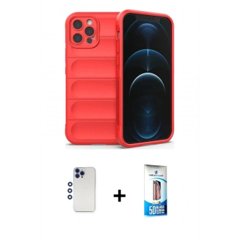 MARSİLYAN™- iPhone 12 Pro Max Kılıf Atlas Koleksiyonu - Siyah 5D Eko Cam Ekran Koruyucu + Shine Kamera Lens - LT