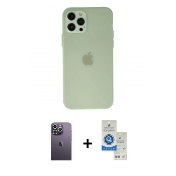 MARSİLYAN™- iPhone 12 Pro Max Kılıf Atlas Minimal Prime - Şeffaf Royal Nano Ekran Koruyucu + Neon Fosforlu Kamera Lens - BZ