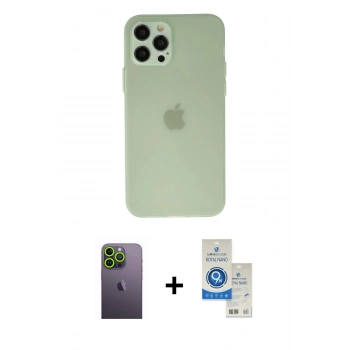 MARSİLYAN™- iPhone 12 Pro Max Kılıf Atlas Minimal Prime - Şeffaf Royal Nano Ekran Koruyucu + Neon Fosforlu Kamera Lens - YL