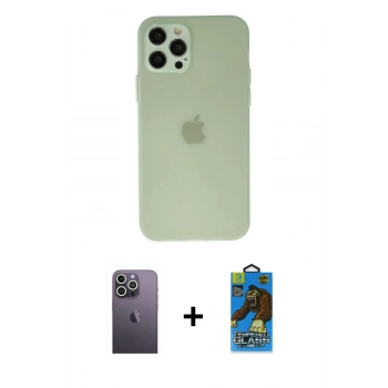 MARSİLYAN™- iPhone 12 Pro Max Kılıf Atlas Minimal Prime - Siyah 18D Cam Ekran Koruyucu + Neon Fosforlu Kamera Lens - BZ