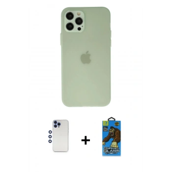 MARSİLYAN™- iPhone 12 Pro Max Kılıf Atlas Minimal Prime - Siyah 18D Cam Ekran Koruyucu + Shine Kamera Lens - LT