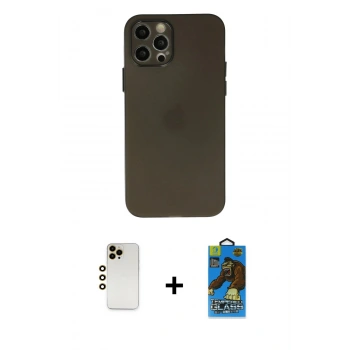 MARSİLYAN™- iPhone 12 Pro Max Kılıf Atlas Minimal Prime - Siyah 18D Cam Ekran Koruyucu + Shine Kamera Lens - GD