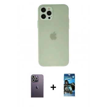 MARSİLYAN™- iPhone 12 Pro Max Kılıf Atlas Minimal Prime - Siyah 34D Izgaralı Cam + Neon Fosforlu Kamera Lens - BZ