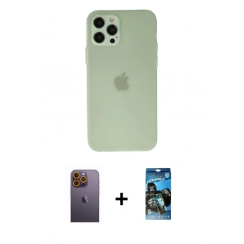 MARSİLYAN™- iPhone 12 Pro Max Kılıf Atlas Minimal Prime - Siyah 34D Izgaralı Cam + Neon Fosforlu Kamera Lens - SI