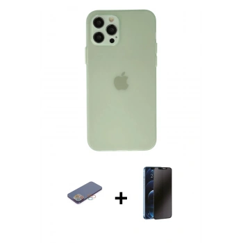 MARSİLYAN™- iPhone 12 Pro Max Kılıf Atlas Minimal Prime - Siyah 3D Antistatik Hayalet Cam Ekran Koruyucu + Renkli Kamera Lens Koruma Cam - PE