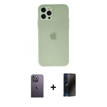 MARSİLYAN™- iPhone 12 Pro Max Kılıf Atlas Minimal Prime - Siyah 3D Antistatik Hayalet Cam Ekran Koruyucu + Neon Fosforlu Kamera Lens - BZ
