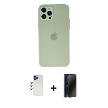 MARSİLYAN™- iPhone 12 Pro Max Kılıf Atlas Minimal Prime - Siyah 3D Antistatik Hayalet Cam Ekran Koruyucu + Shine Kamera Lens - LT