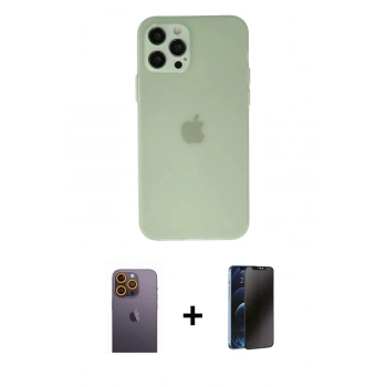 MARSİLYAN™- iPhone 12 Pro Max Kılıf Atlas Minimal Prime - Siyah 3D Antistatik Hayalet Cam Ekran Koruyucu + Neon Fosforlu Kamera Lens - SI