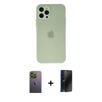 MARSİLYAN™- iPhone 12 Pro Max Kılıf Atlas Minimal Prime - Siyah 3D Antistatik Hayalet Cam Ekran Koruyucu + Neon Fosforlu Kamera Lens - YL