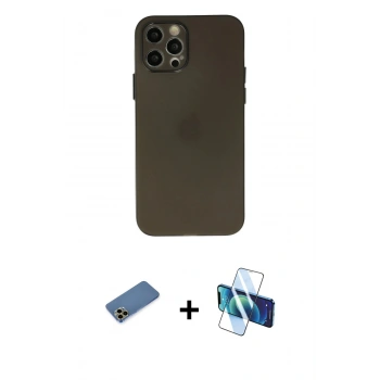 MARSİLYAN™- iPhone 12 Pro Max Kılıf Atlas Minimal Prime - Siyah 3D Antistatik Seramik Nano Ekran Koruyucu + Shine Kamera Lens Koruma Cam - GD