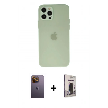 MARSİLYAN™- iPhone 12 Pro Max Kılıf Atlas Minimal Prime - Siyah Bilvis Hayalet Cam Ekran Koruyucu + Neon Fosforlu Kamera Lens - SI