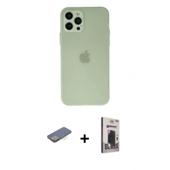 MARSİLYAN™- iPhone 12 Pro Max Kılıf Atlas Minimal Prime - Siyah Bilvis Hayalet Cam Ekran Koruyucu + Renkli Kamera Lens Koruma Cam - SI