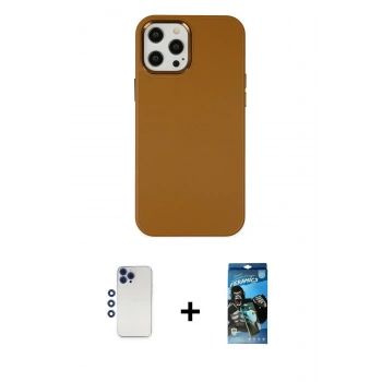 MARSİLYAN™- iPhone 12 Pro Max Kılıf Çekirdek Çizgi - Siyah 34D Izgaralı Cam + Shine Kamera Lens - LT