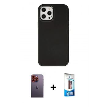 MARSİLYAN™- iPhone 12 Pro Max Kılıf Çekirdek Çizgi - Siyah 5D Eko Cam Ekran Koruyucu + Neon Fosforlu Kamera Lens - TU