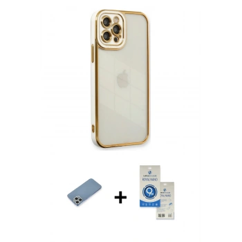 MARSİLYAN™- iPhone 12 Pro Max Kılıf Çekirdek Klasik Serisi - Şeffaf Royal Nano Ekran Koruyucu + Shine Kamera Lens Koruma Cam - GS