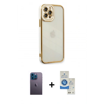 MARSİLYAN™- iPhone 12 Pro Max Kılıf Çekirdek Klasik Serisi - Şeffaf Royal Nano Ekran Koruyucu + Neon Fosforlu Kamera Lens - MI