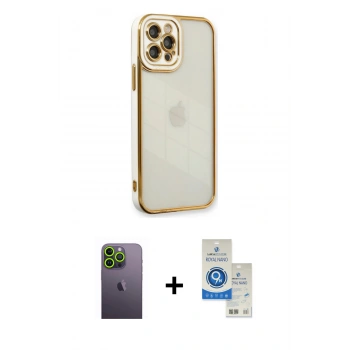 MARSİLYAN™- iPhone 12 Pro Max Kılıf Çekirdek Klasik Serisi - Şeffaf Royal Nano Ekran Koruyucu + Neon Fosforlu Kamera Lens - YL
