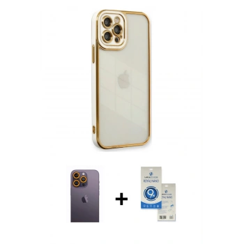 MARSİLYAN™- iPhone 12 Pro Max Kılıf Çekirdek Klasik Serisi - Şeffaf Royal Nano Ekran Koruyucu + Neon Fosforlu Kamera Lens - SI