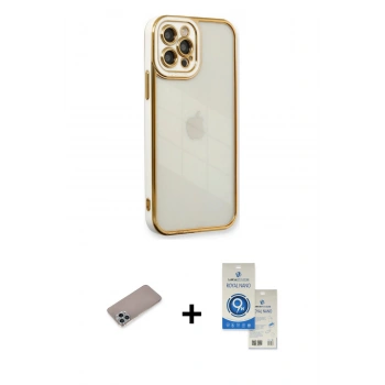 MARSİLYAN™- iPhone 12 Pro Max Kılıf Çekirdek Klasik Serisi - Şeffaf Royal Nano Ekran Koruyucu + Shine Kamera Lens Koruma Cam - SABE