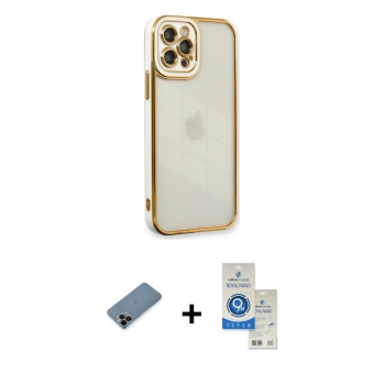 MARSİLYAN™- iPhone 12 Pro Max Kılıf Çekirdek Klasik Serisi - Şeffaf Royal Nano Ekran Koruyucu + Shine Kamera Lens Koruma Cam - SH