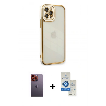 MARSİLYAN™- iPhone 12 Pro Max Kılıf Çekirdek Klasik Serisi - Şeffaf Royal Nano Ekran Koruyucu + Neon Fosforlu Kamera Lens - TU