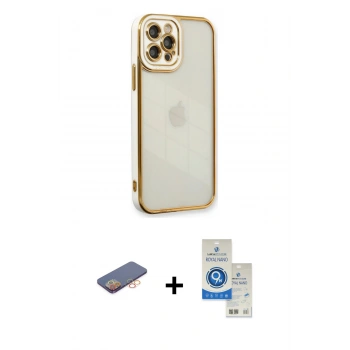 MARSİLYAN™- iPhone 12 Pro Max Kılıf Çekirdek Klasik Serisi - Şeffaf Royal Nano Ekran Koruyucu + Renkli Kamera Lens Koruma Cam - TU