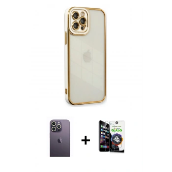 MARSİLYAN™- iPhone 12 Pro Max Kılıf Çekirdek Klasik Serisi - Şeffaf Temperli Cam Ekran Koruyucu + Neon Fosforlu Kamera Lens - BZ