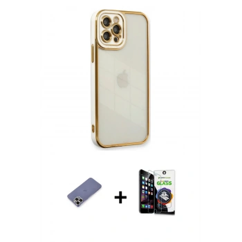 MARSİLYAN™- iPhone 12 Pro Max Kılıf Çekirdek Klasik Serisi - Şeffaf Temperli Cam Ekran Koruyucu + Metal Kamera Lens Koruma Cam - GD
