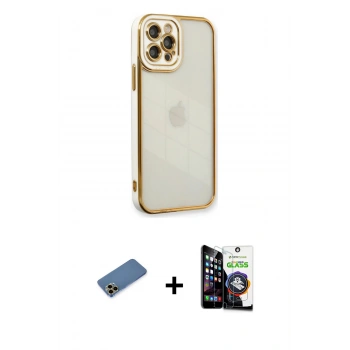 MARSİLYAN™- iPhone 12 Pro Max Kılıf Çekirdek Klasik Serisi - Şeffaf Temperli Cam Ekran Koruyucu + Shine Kamera Lens Koruma Cam - GD