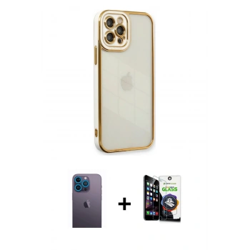 MARSİLYAN™- iPhone 12 Pro Max Kılıf Çekirdek Klasik Serisi - Şeffaf Temperli Cam Ekran Koruyucu + Neon Fosforlu Kamera Lens - MI