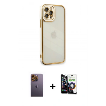 MARSİLYAN™- iPhone 12 Pro Max Kılıf Çekirdek Klasik Serisi - Şeffaf Temperli Cam Ekran Koruyucu + Neon Fosforlu Kamera Lens - SI
