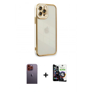 MARSİLYAN™- iPhone 12 Pro Max Kılıf Çekirdek Klasik Serisi - Şeffaf Temperli Cam Ekran Koruyucu + Neon Fosforlu Kamera Lens - TU