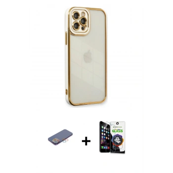 MARSİLYAN™- iPhone 12 Pro Max Kılıf Çekirdek Klasik Serisi - Şeffaf Temperli Cam Ekran Koruyucu + Renkli Kamera Lens Koruma Cam - PE