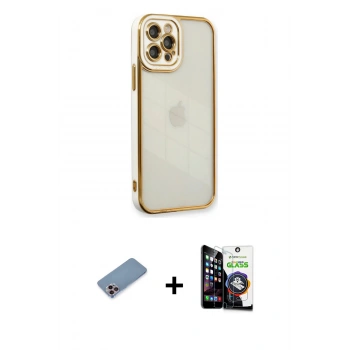 MARSİLYAN™- iPhone 12 Pro Max Kılıf Çekirdek Klasik Serisi - Şeffaf Temperli Cam Ekran Koruyucu + Shine Kamera Lens Koruma Cam - PE