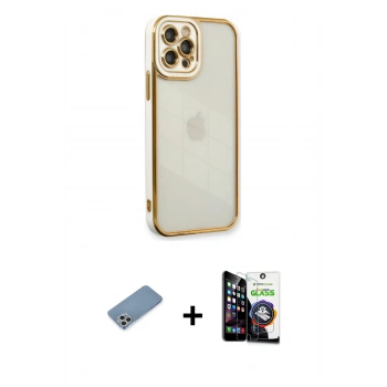MARSİLYAN™- iPhone 12 Pro Max Kılıf Çekirdek Klasik Serisi - Şeffaf Temperli Cam Ekran Koruyucu + Shine Kamera Lens Koruma Cam - GS