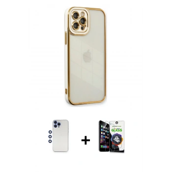 MARSİLYAN™- iPhone 12 Pro Max Kılıf Çekirdek Klasik Serisi - Şeffaf Temperli Cam Ekran Koruyucu + Shine Kamera Lens - LT
