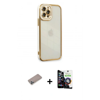 MARSİLYAN™- iPhone 12 Pro Max Kılıf Çekirdek Klasik Serisi - Şeffaf Temperli Cam Ekran Koruyucu + Shine Kamera Lens Koruma Cam - SABE