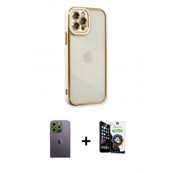 MARSİLYAN™- iPhone 12 Pro Max Kılıf Çekirdek Klasik Serisi - Şeffaf Temperli Cam Ekran Koruyucu + Neon Fosforlu Kamera Lens - YL