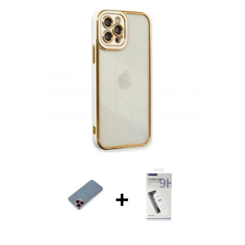 MARSİLYAN™- iPhone 12 Pro Max Kılıf Çekirdek Klasik Serisi - Şeffaf Uv Polymer Nano Ekran Koruyucu + Metal Kamera Lens Koruma Cam - KI