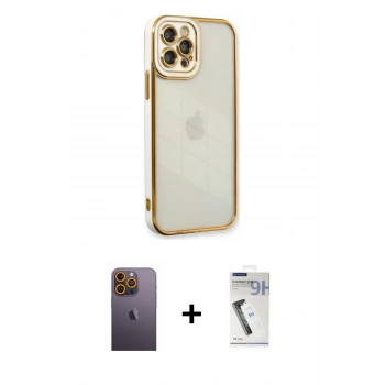 MARSİLYAN™- iPhone 12 Pro Max Kılıf Çekirdek Klasik Serisi - Şeffaf Uv Polymer Nano Ekran Koruyucu + Neon Fosforlu Kamera Lens - SI